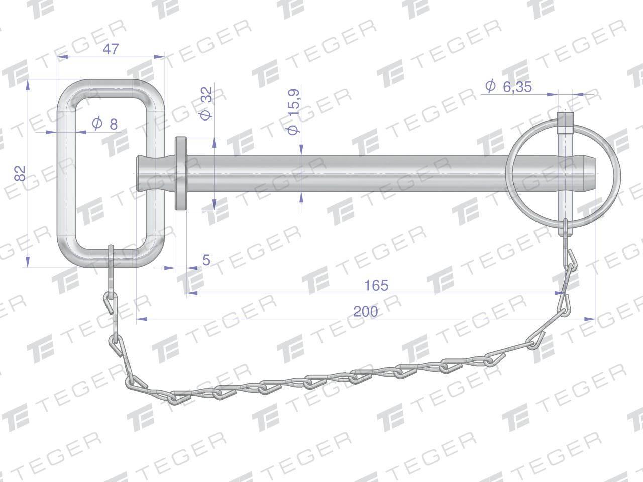 Sworzeń zaczepu z zawleczką i łańcuchem 15.9x165x200 TEGER T-SZZL159165200 - zdjęcie 3