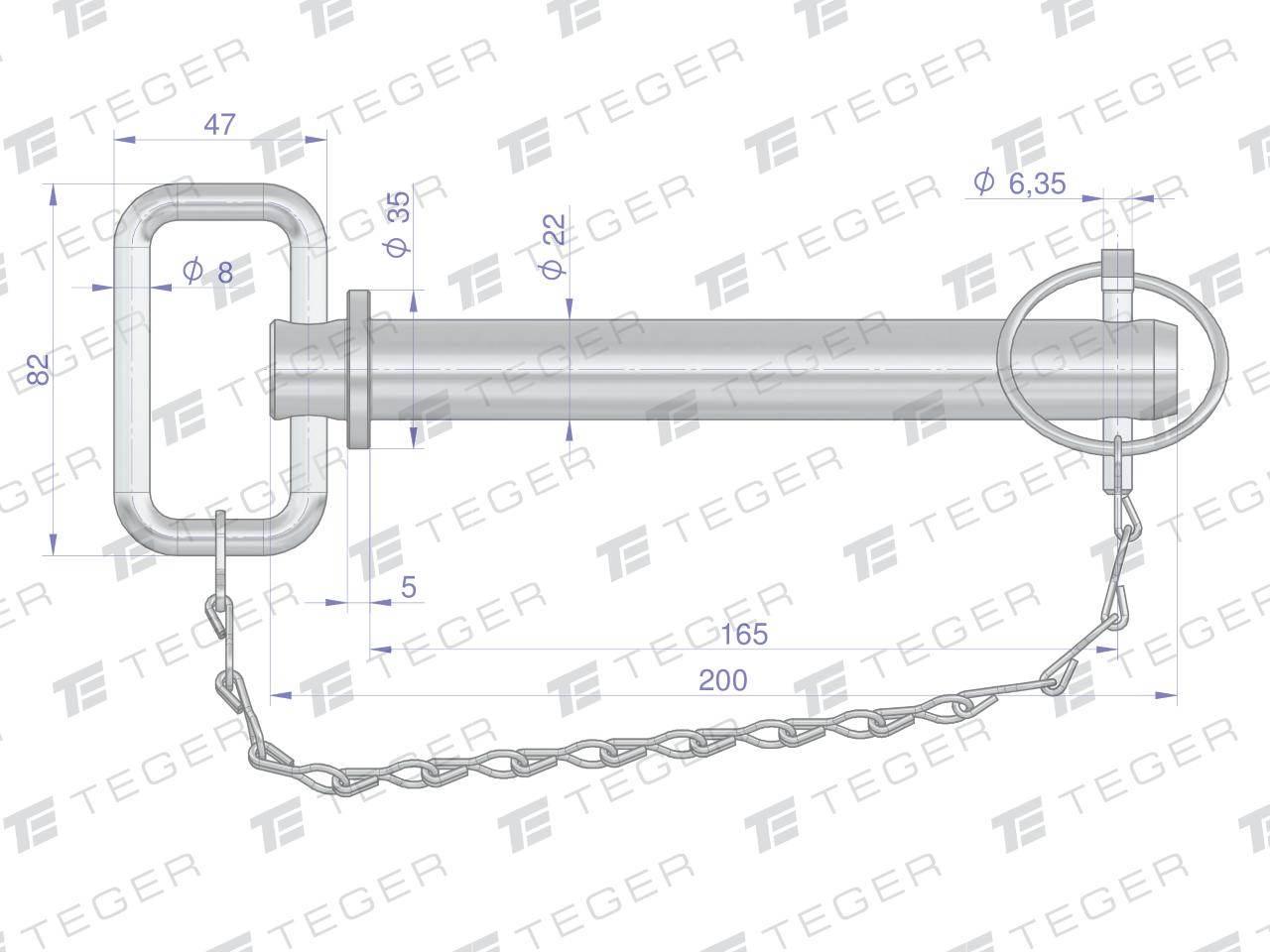 Sworzeń zaczepu z zawleczką i łańcuchem 22x165x200 TEGER T-SZZL22165200 - zdjęcie 3