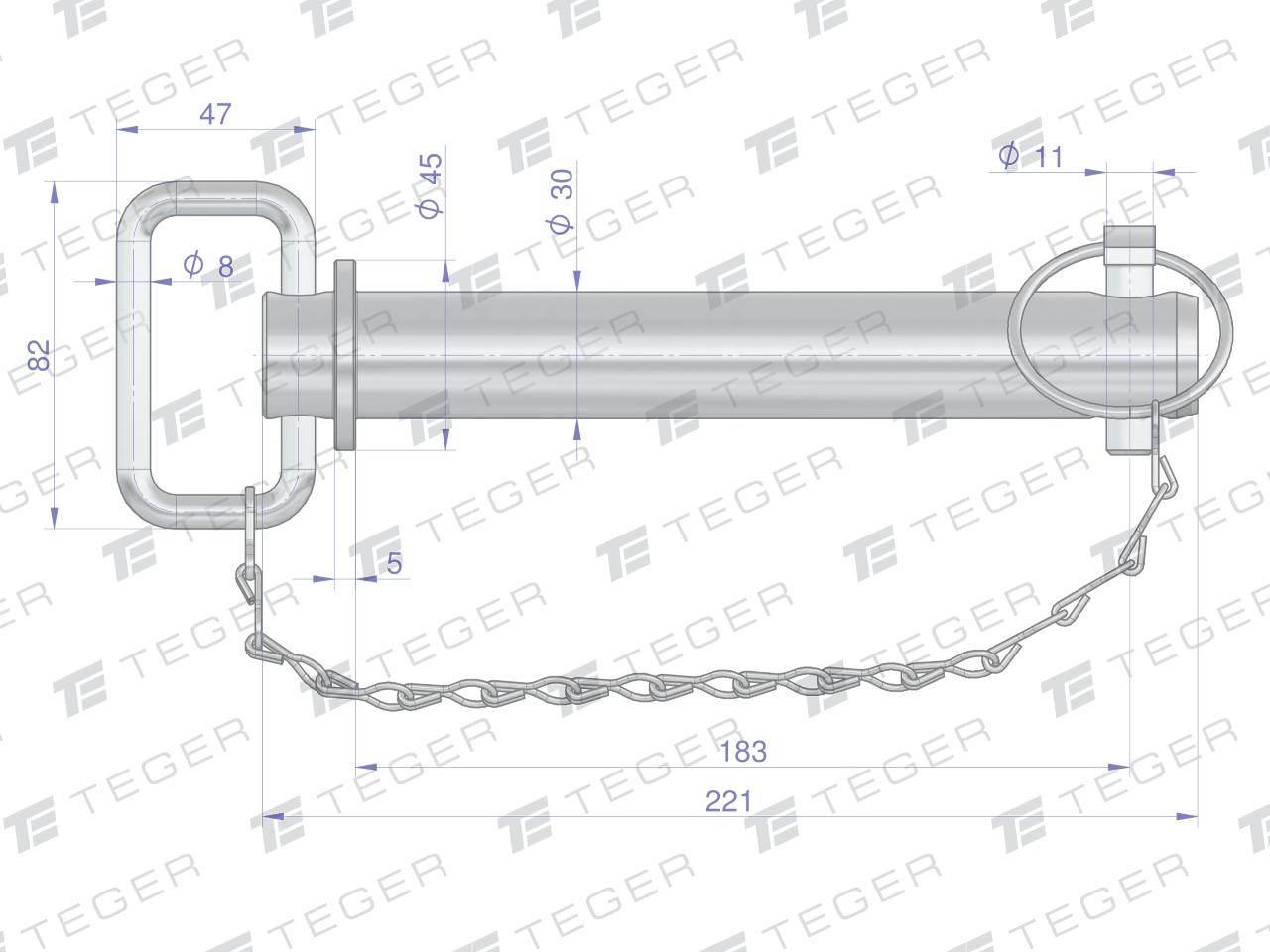 Sworzeń zaczepu z zawleczką i łańcuchem 30x183x221 TEGER T-SZZL30183221 - zdjęcie 3