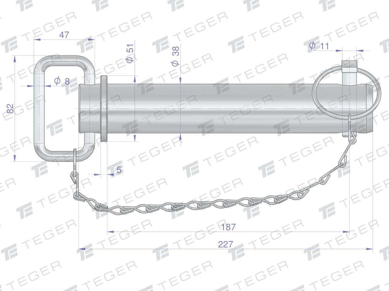 Sworzeń zaczepu z zawleczką i łańcuchem 38x187x227 TEGER T-SZZL38187227 - zdjęcie 3