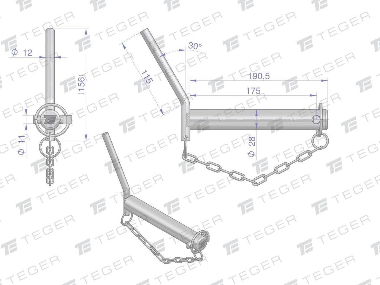 Sworzeń zaczepu z wygiętym uchwytem 28x175 TEGER T-SZWU28175 - zdjęcie 3