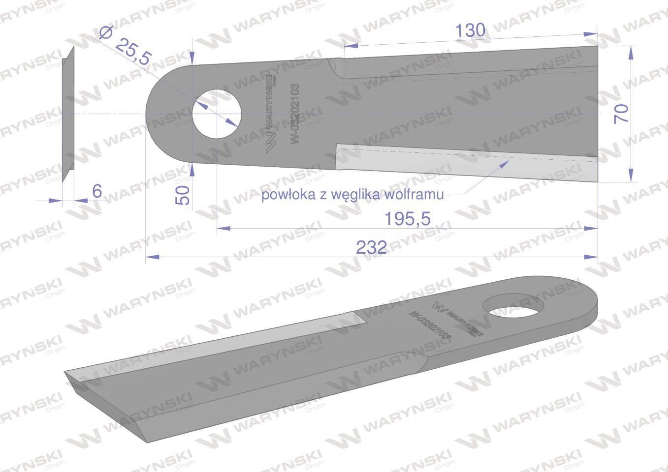 Nóż przystawki do kukurydzy napawany 232x70-51x6 otwór 25.5mm zastosowanie - zdjęcie 3
