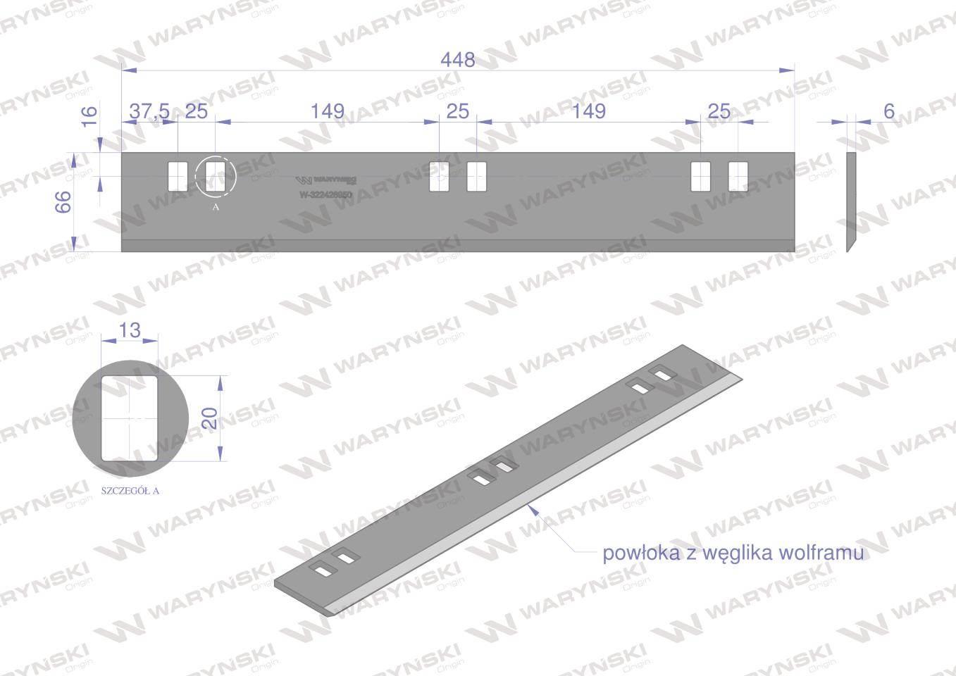 Nóż walca zrywacza napawany 448x66x6 otwory 6x20mm zastosowanie New Holland - zdjęcie 2