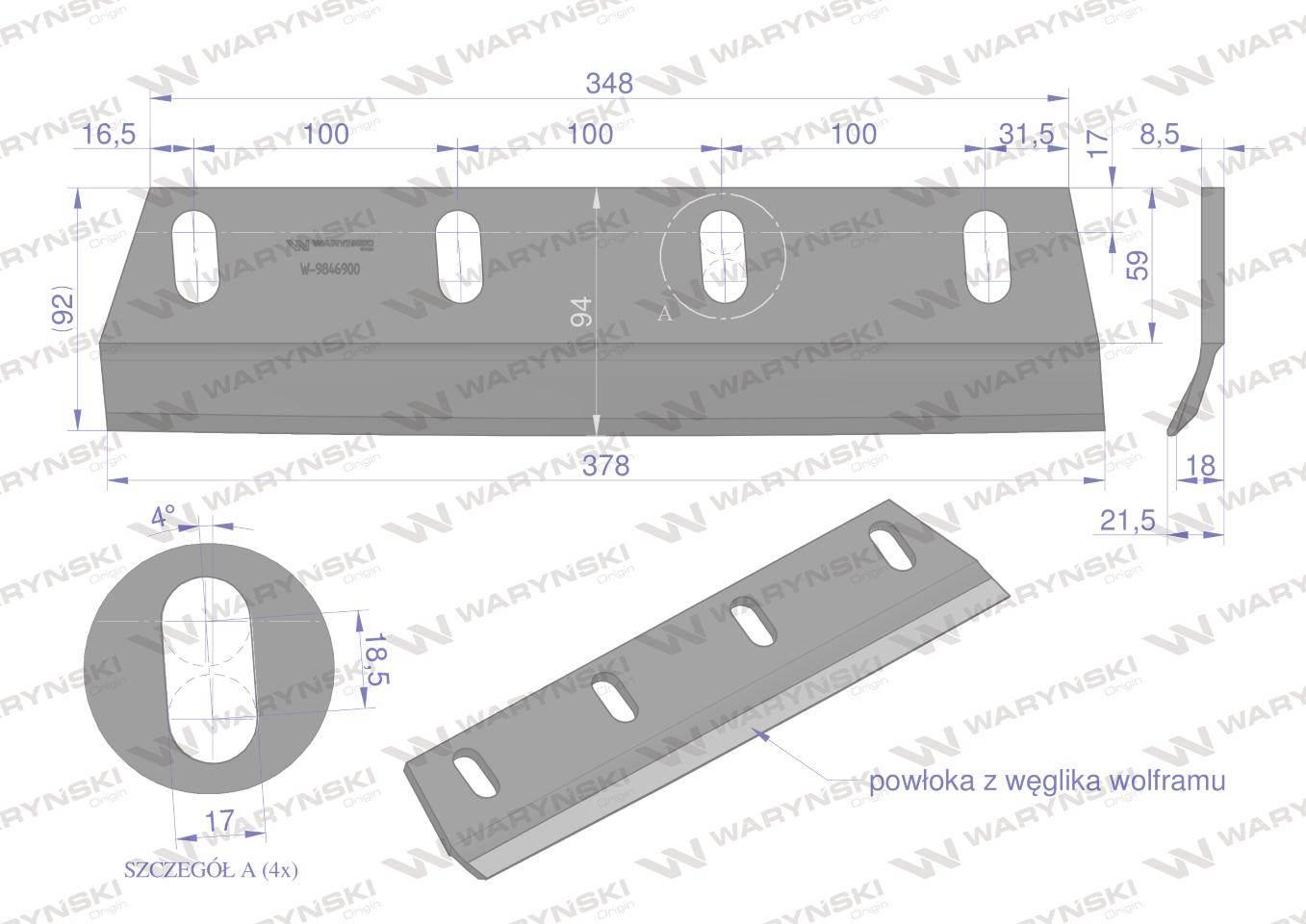 Nóż sieczkarni napawany lewy 380x90x8.5L otwory 4x35mm zastosowanie Claas J - zdjęcie 3
