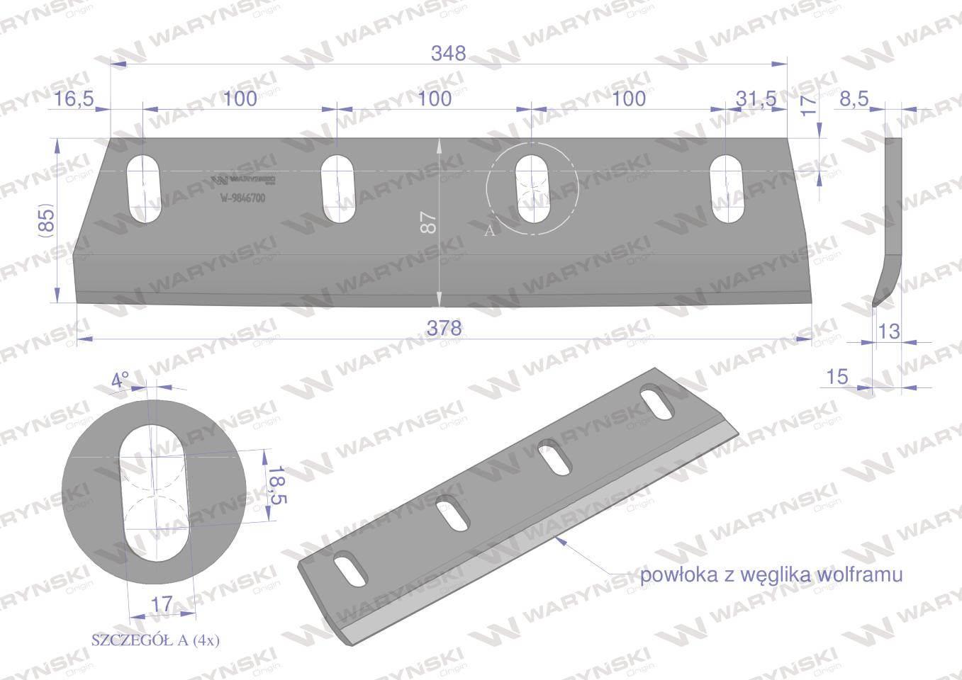 Nóż sieczkarni napawany lewy do trawy 380x90x8.5L otwory 4x35mm zastosowani - zdjęcie 3