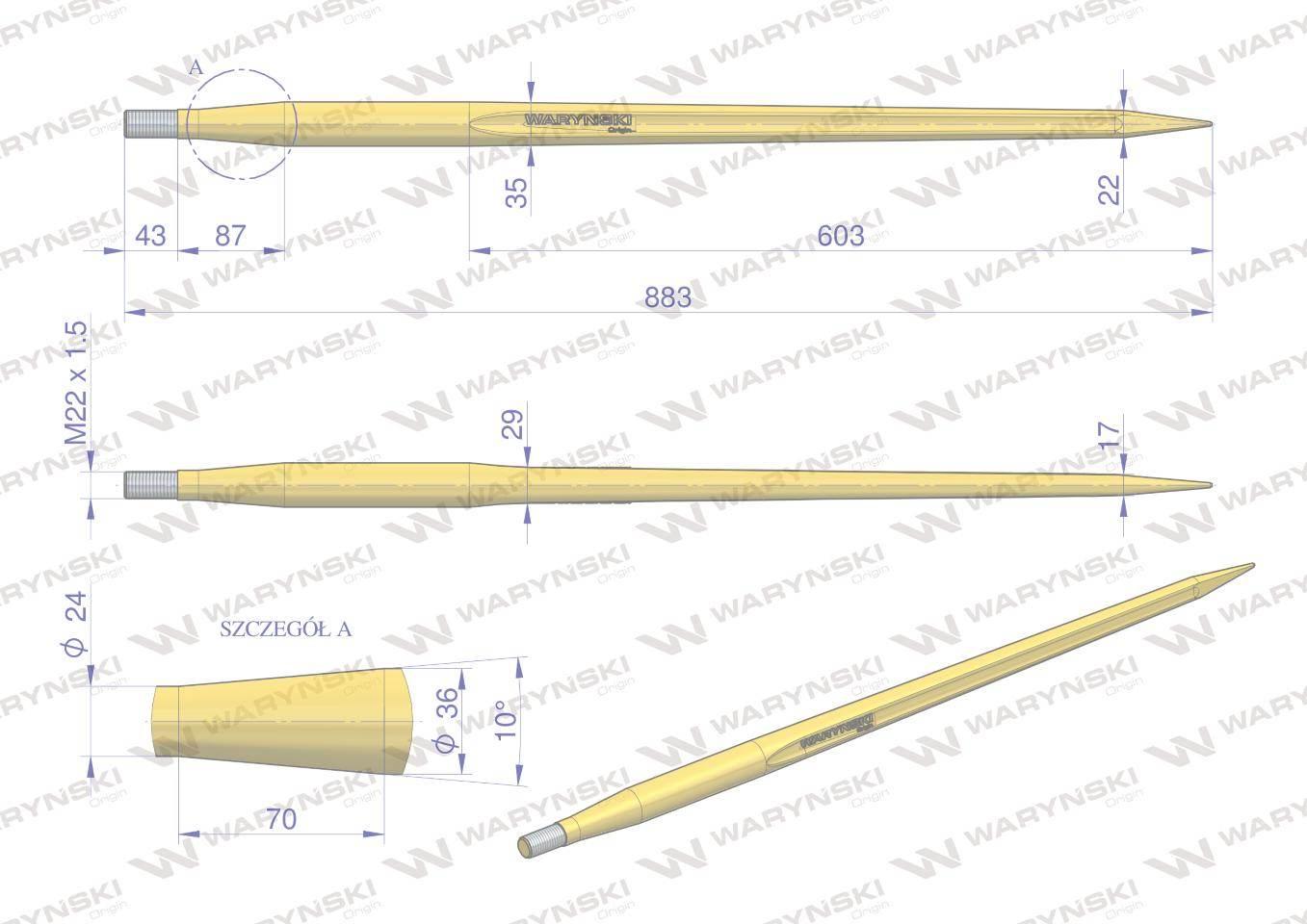 Ząb ładowacza uniwersalny prosty L- 880 mm Tur WARYŃSKI W9132-880P - zdjęcie 3