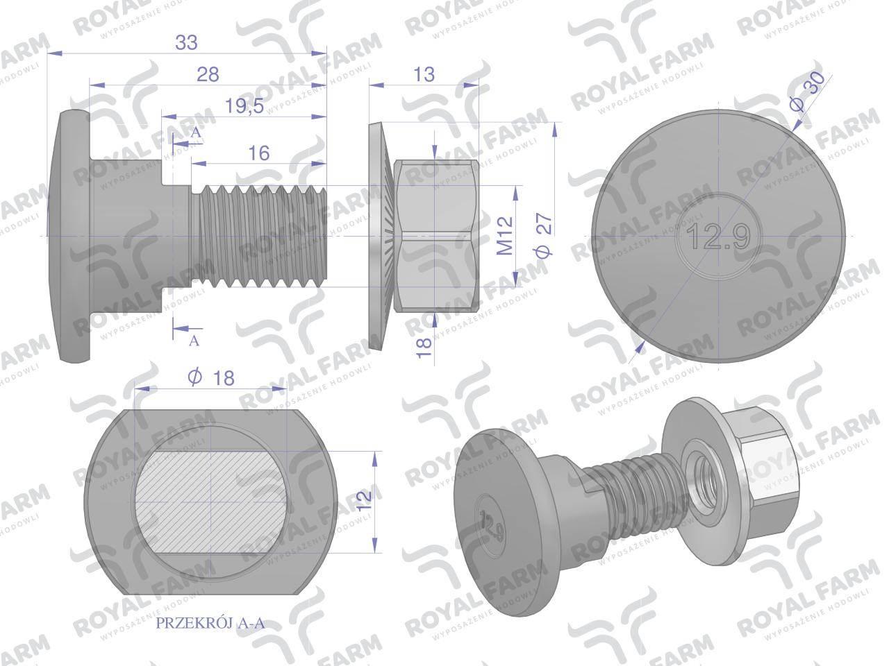 Śruba nożyka kpl. M12x33 zastosowanie Kuhn ROYAL FARM 10szt RF-56115800 - zdjęcie 2