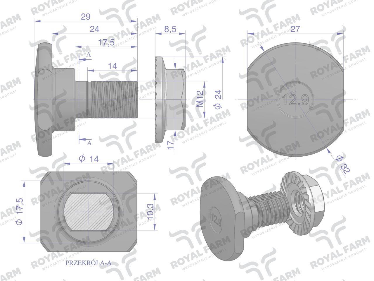 Śruba nożyka kpl. M12x29 zastosowanie Claas ROYAL FARM 1432290 001377266 10 - zdjęcie 2