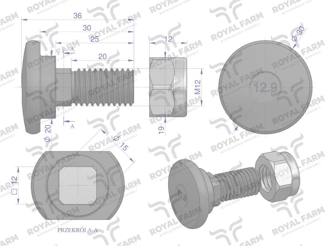 Śruba nożyka kpl. M12x35 zastosowanie Taarup Kverneland ROYAL FARM 56403100 - zdjęcie 2