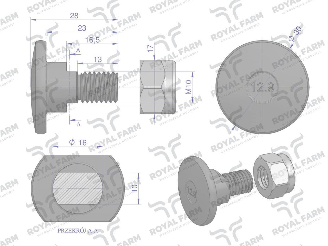 Śruba nożyka kpl. M10x28 zastosowanie Kuhn ROYAL FARM 10szt RF-56210100 - zdjęcie 2