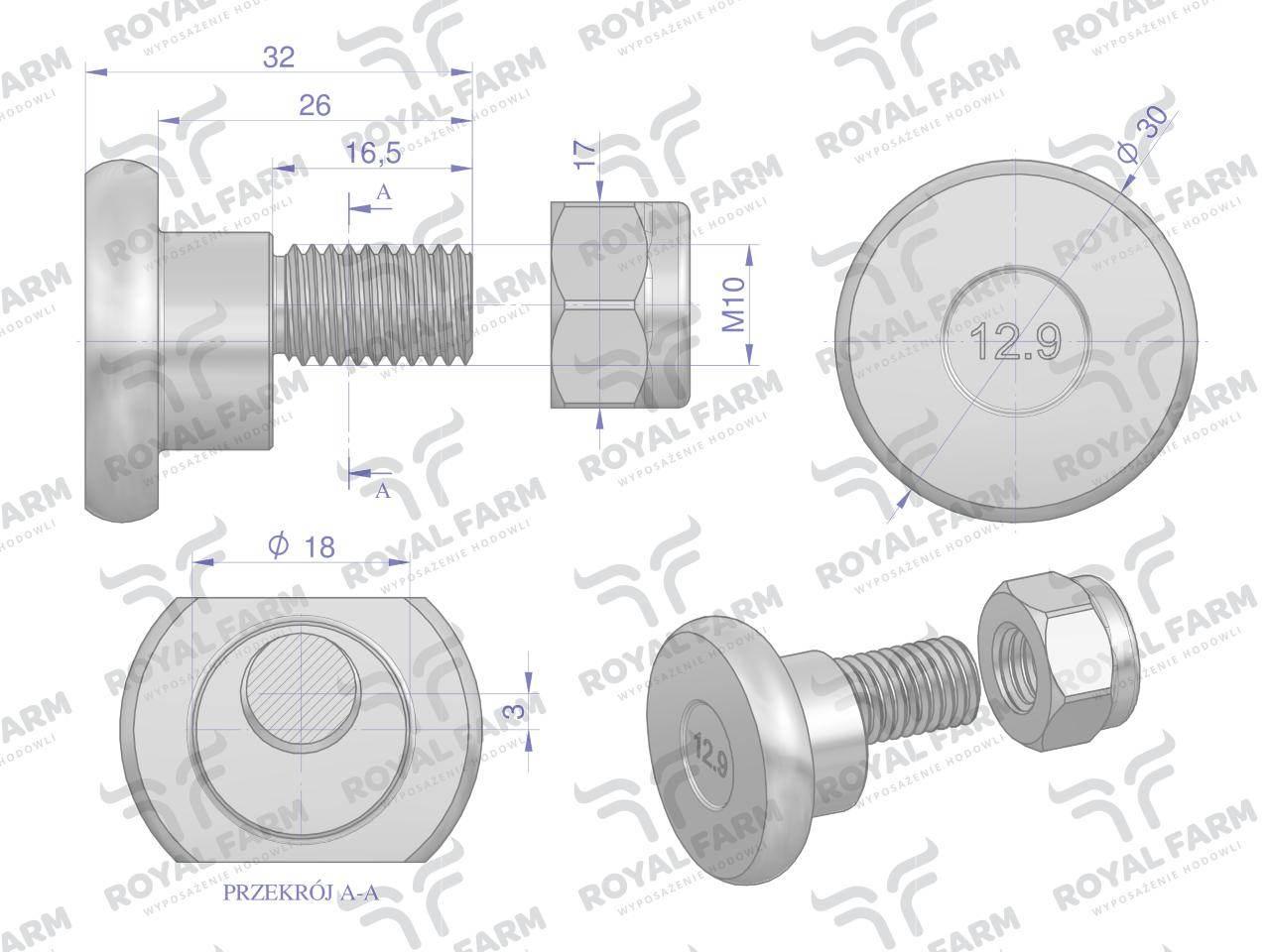 Śruba nożyka kpl. M10x32 zastosowanie Deutz Fahr. Vicon ROYAL FARM 10szt - zdjęcie 2