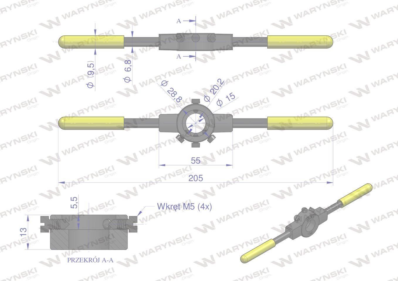 Oprawka wzmocniona pokrętło do narzynek ręcznych  20x 5mm (M3-M4) Waryński - zdjęcie 4