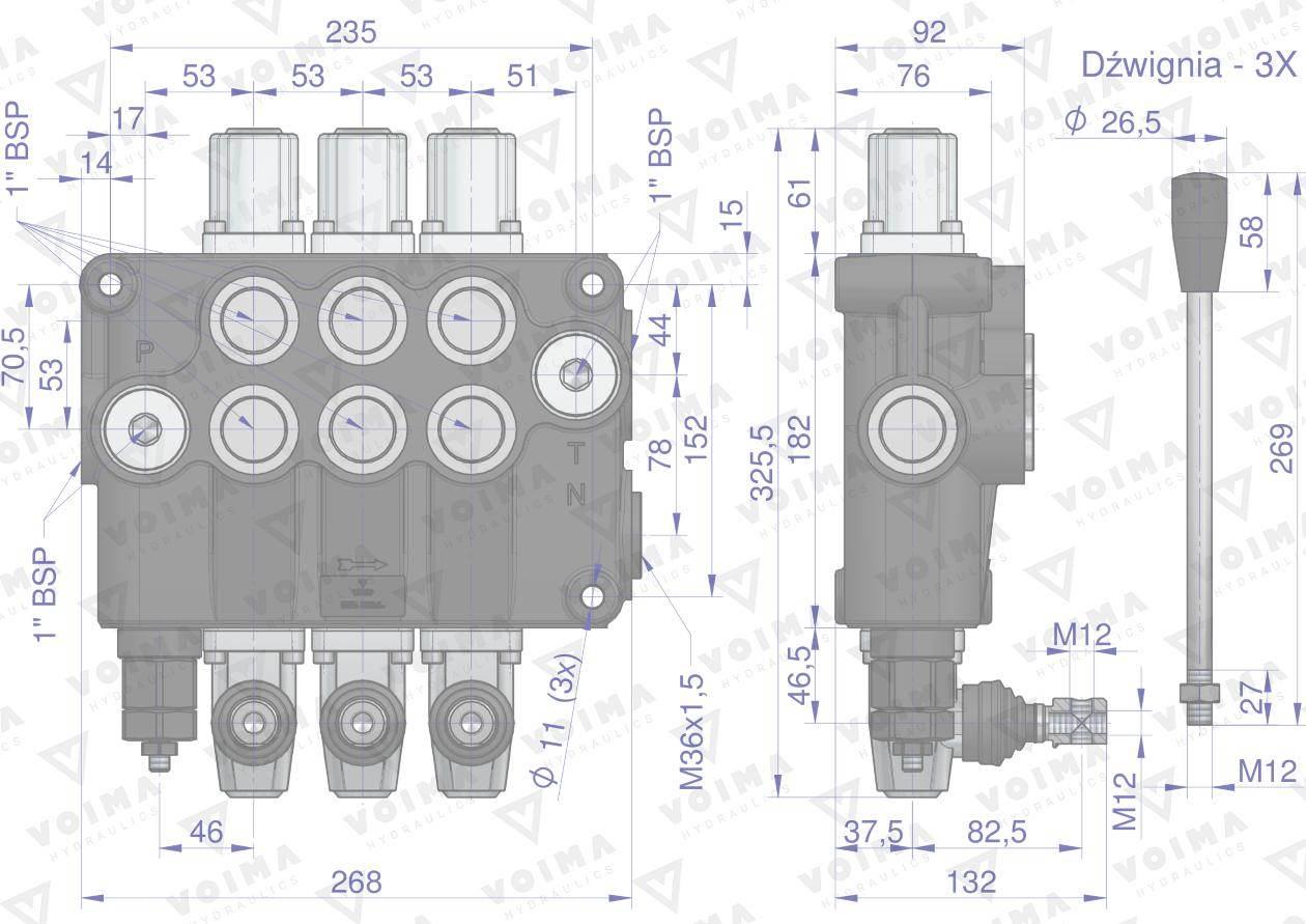 Rozdzielacz hydrauliczny 3-sekcyjny 120L VOIMA V-R120L-3 - zdjęcie 3