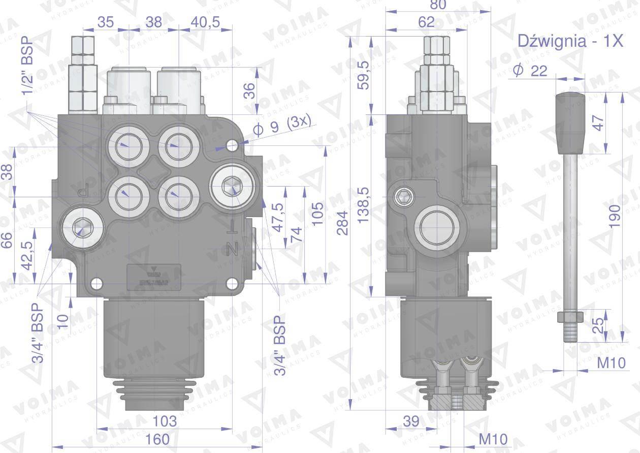 Rozdzielacz hydrauliczny 2-sekcyjny 80L z joystickiem VOIMA V-R80L-2-1D - zdjęcie 3