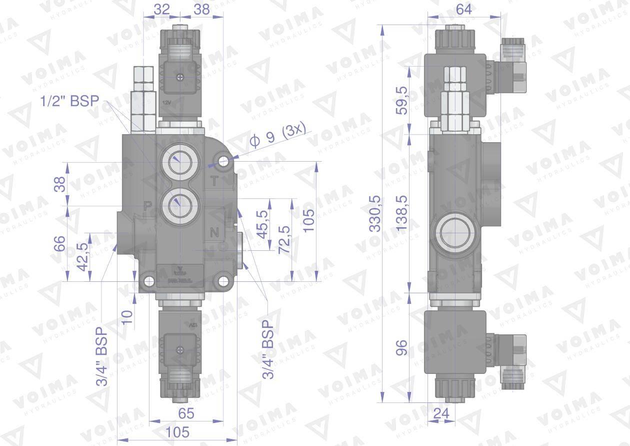 Rozdzielacz hydrauliczny 1-sekcyjny sterowany elektrycznie 12V 80L VOIMA - zdjęcie 3