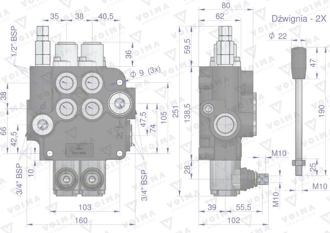 Rozdzielacz hydrauliczny 2-sekcyjny 80L z zatrzaskami VOIMA V-R80L-2Z - zdjęcie 3