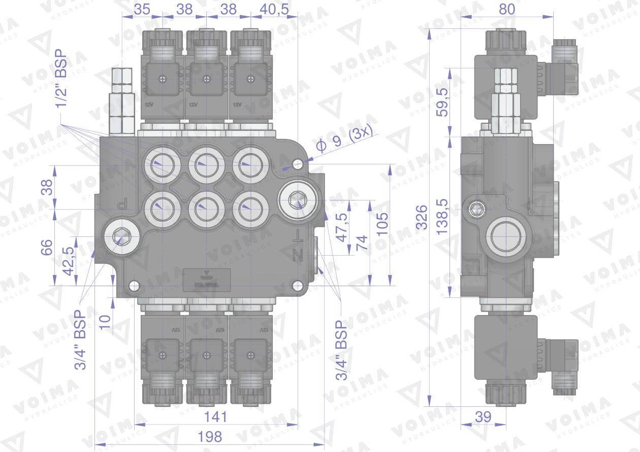 Rozdzielacz hydrauliczny 3-sekcyjny sterowany elektrycznie 12V 80L VOIMA - zdjęcie 3