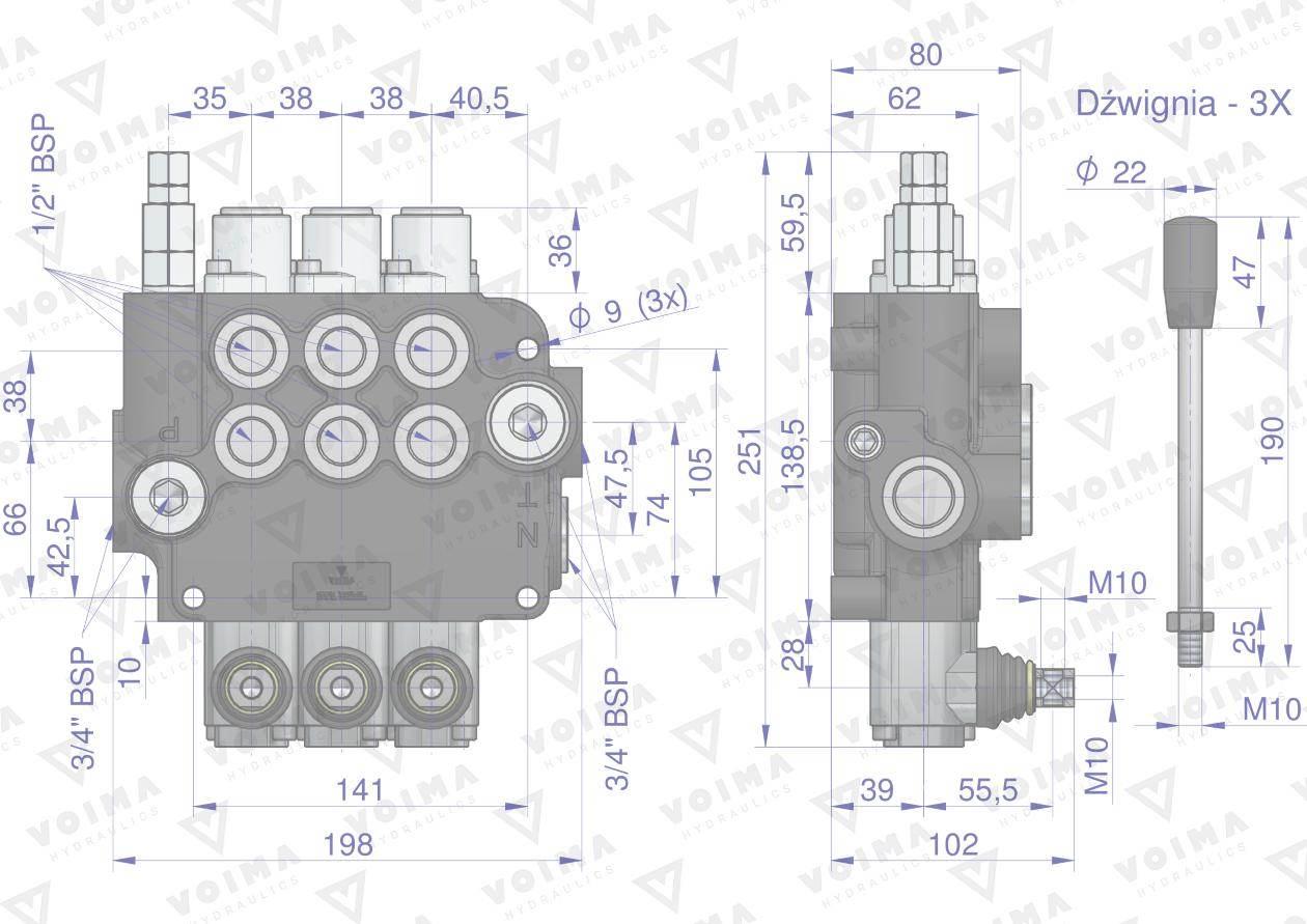 Rozdzielacz hydrauliczny 3-sekcyjny 80L z zatrzaskami VOIMA V-R80L-3Z - zdjęcie 3