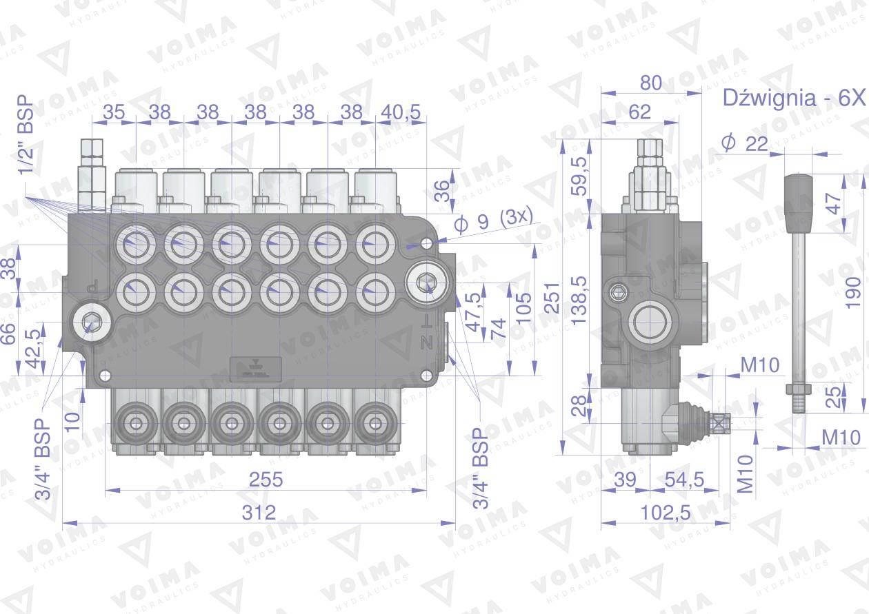 Rozdzielacz hydrauliczny 6-sekcyjny 80L VOIMA V-R80L-6 - zdjęcie 3