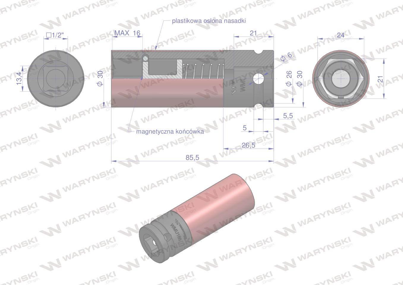 Nasadka udarowa 1/2 ze stali CrMo 21mm z magnesem i osłoną do felg aluminio - zdjęcie 4