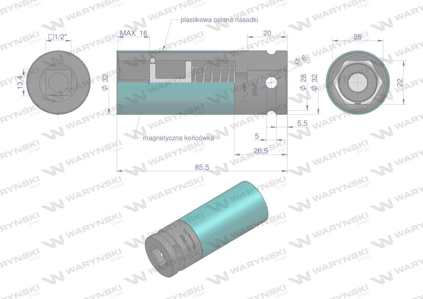 Nasadka udarowa 1/2 ze stali CrMo 22mm z magnesem i osłoną do felg aluminio - zdjęcie 4