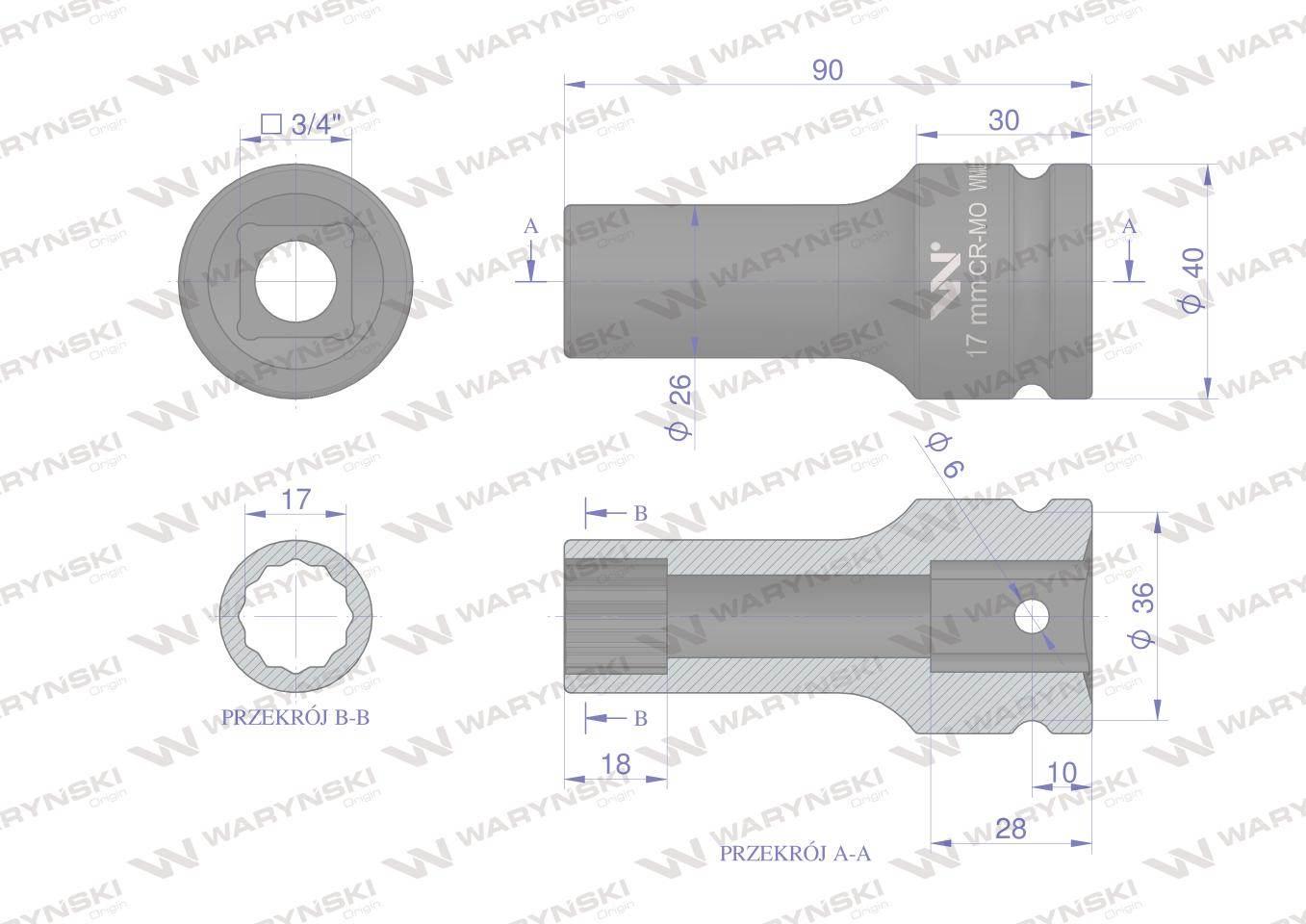 Nasadka udarowa 3/4" dwunastokątna ze stali CrMo 17mm bardzo długa D90 SLIM - zdjęcie 3