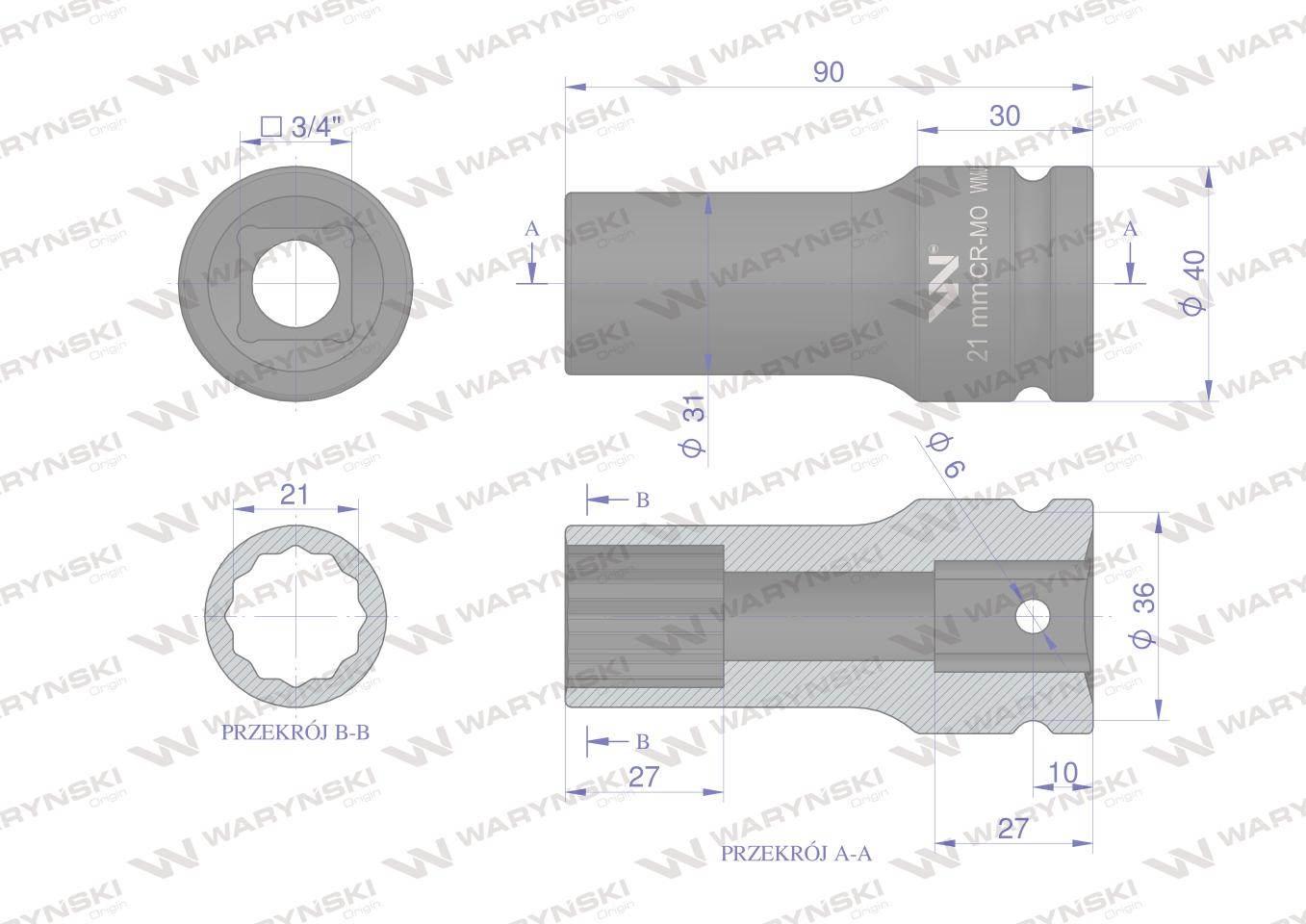 Nasadka udarowa 3/4" dwunastokątna ze stali CrMo 21mm bardzo długa D90 SLIM - zdjęcie 3