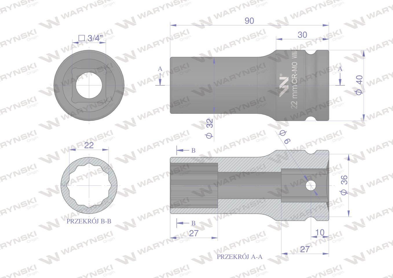 Nasadka udarowa 3/4" dwunastokątna ze stali CrMo 22mm bardzo długa D90 SLIM - zdjęcie 3