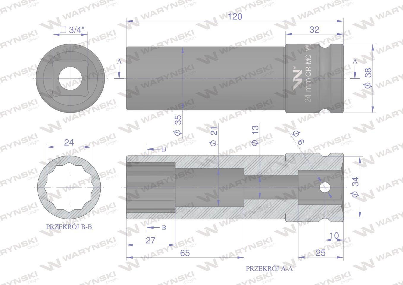 Nasadka udarowa 3/4" dwunastokątnaze stali CrMo 24mm bardzo długa D120 SLIM - zdjęcie 3
