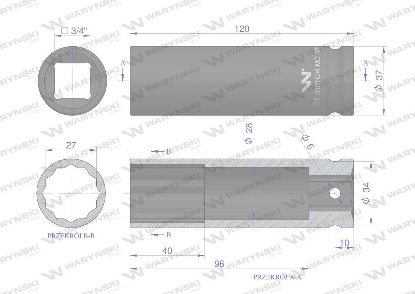 Nasadka udarowa 3/4" dwunastokątnaze stali CrMo 27mm bardzo długa D120 SLIM - zdjęcie 3