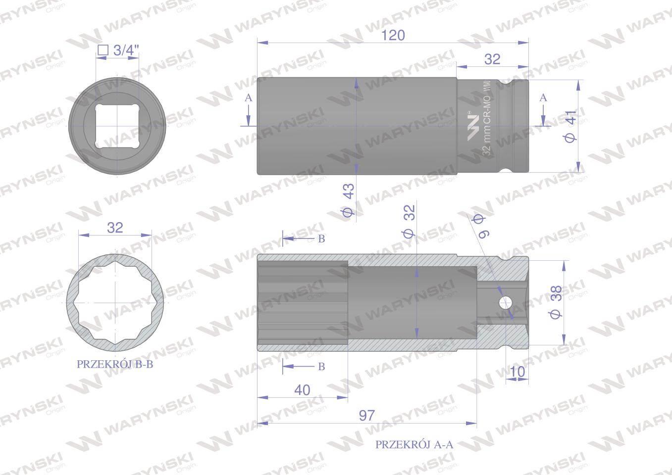 Nasadka udarowa 3/4" dwunastokątna ze stali CrMo 32mm bardzo długa D120 SLI - zdjęcie 3