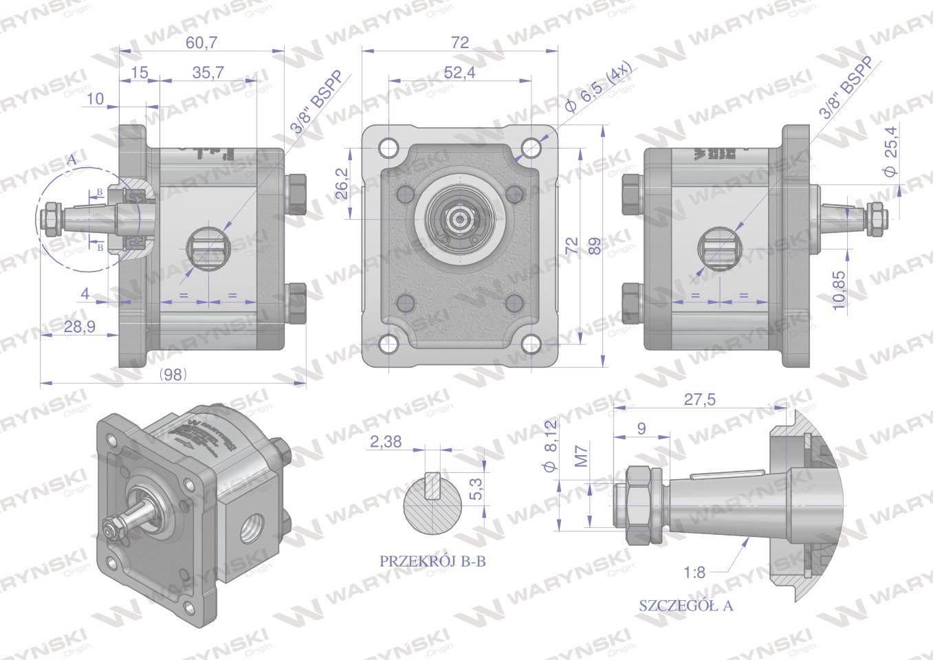 Pompa hydrauliczna zębata 1.0cm3 (grupa 1 - typ europejski) wałek 1:8 przył - zdjęcie 4