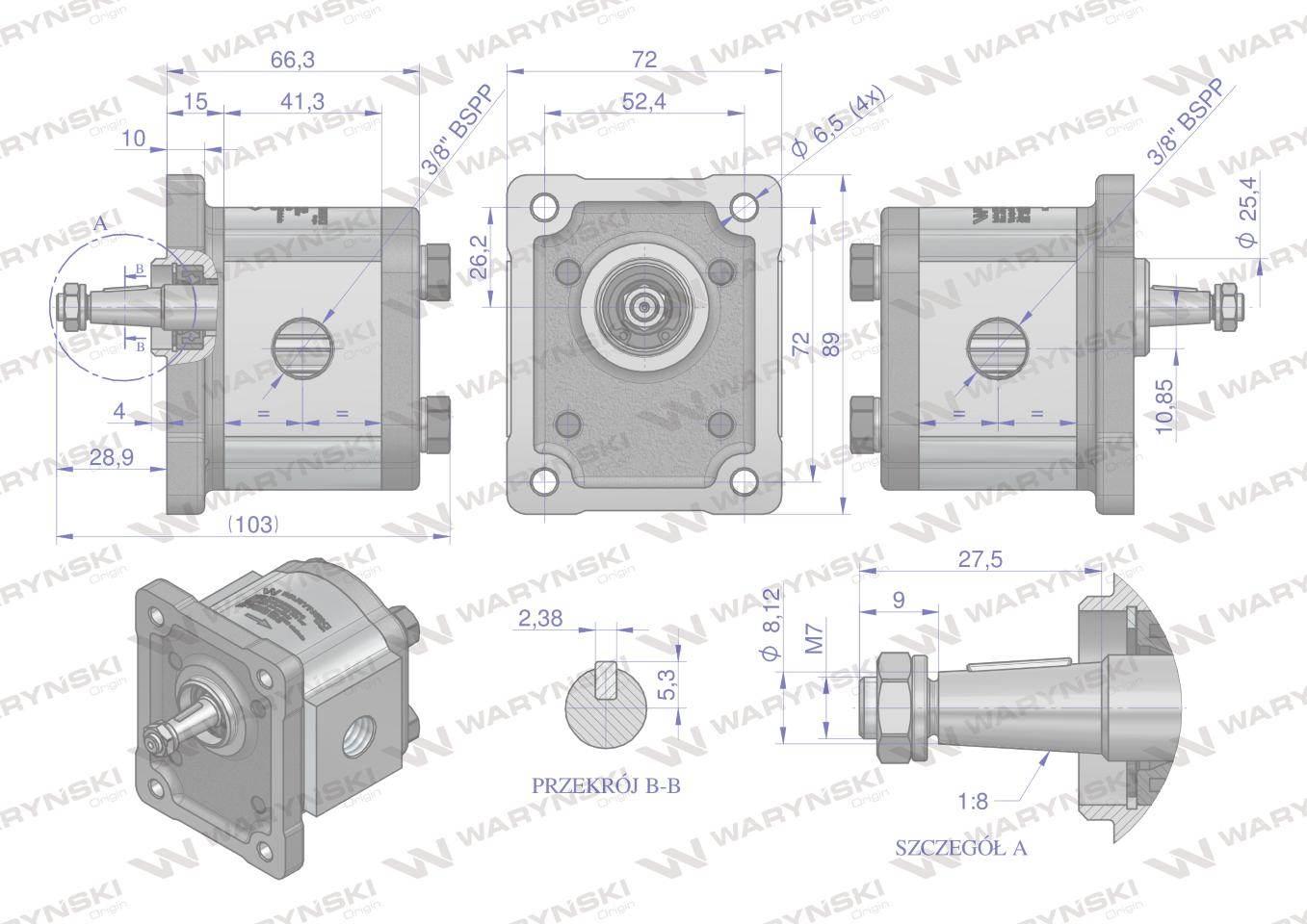 Pompa hydrauliczna zębata 2.5cm3 (grupa 1 - typ europejski) wałek 1:8 przył - zdjęcie 4