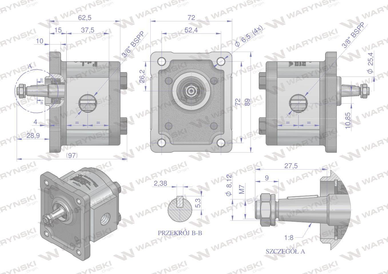 Pompa hydrauliczna zębata 1.5cm3 (grupa 1 - typ europejski) wałek 1:8 przył - zdjęcie 4