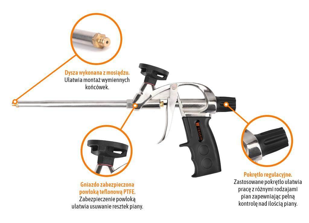 Pistolet do piany poliuretanowej - metalowy 8"/200mm / TEGER T-NB-PDPM-001 - zdjęcie 2