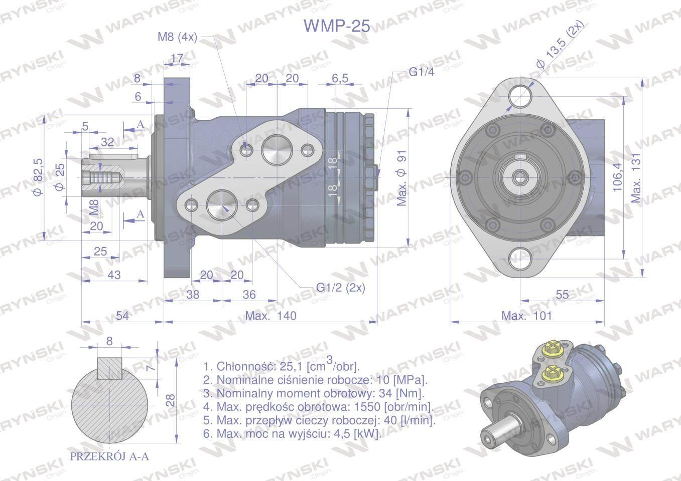 Silnik hydrauliczny orbitalny WMP 25 cm?/obr (100 bar / max.175 bar) Waryńs - zdjęcie 3