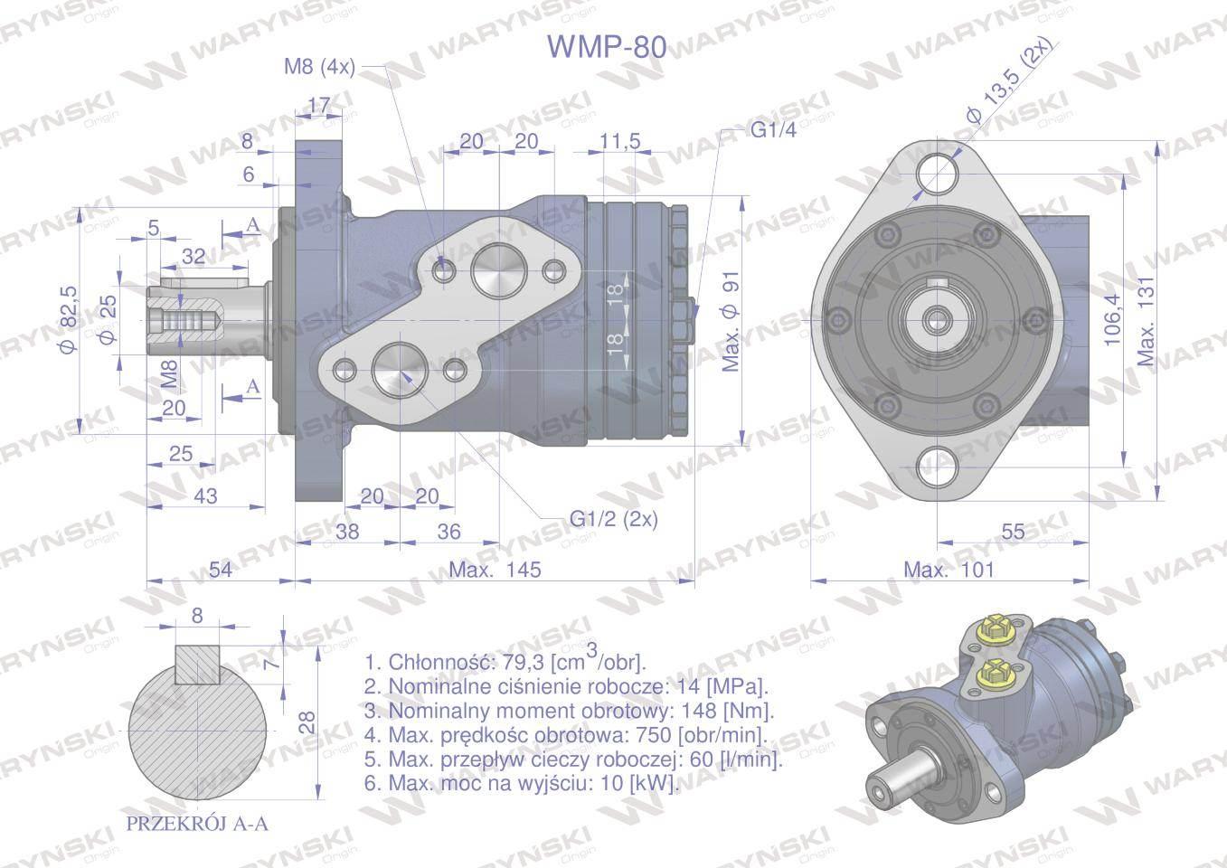 Silnik hydrauliczny orbitalny WMP 80 cm?/obr (140 bar / max.175 bar) Waryńs - zdjęcie 3