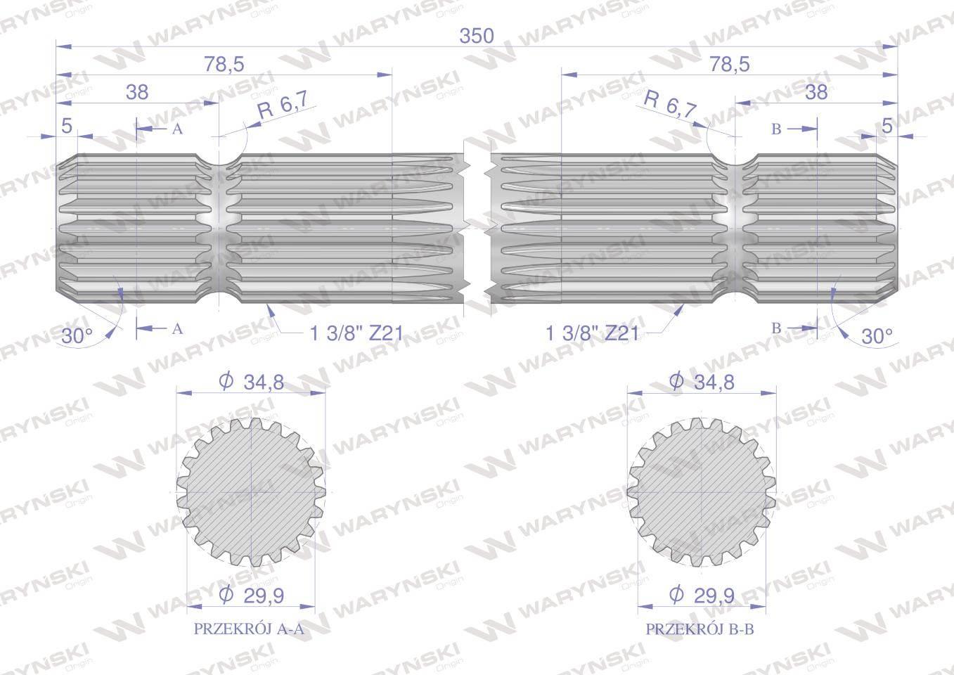 Wałek, WOM frezowany dwustronnie 350mm Z21 - 1 3/8, Waryński W-3320350 - zdjęcie 2