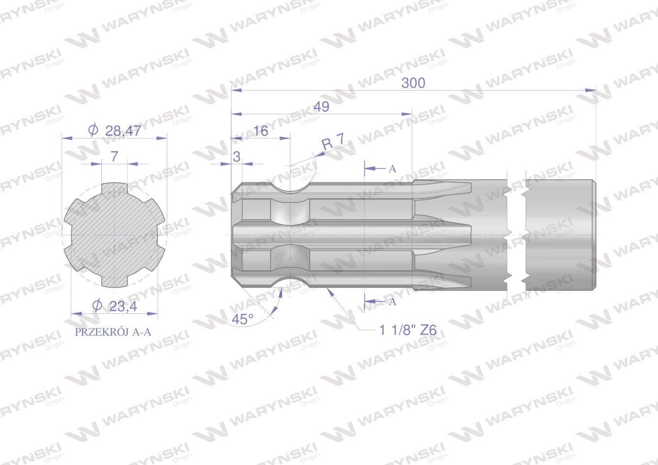 Wałek, WOM frezowany jednostronnie 300mm Z6 - 1 1/8, Waryński W-3240300 - zdjęcie 2