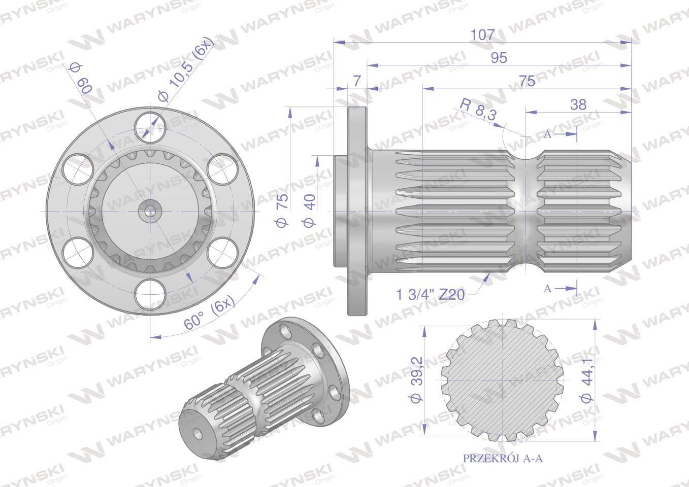 Wałek, WOM z kołnierzem na 6 otworów adapter Z20 - 1 3/4, Waryński - zdjęcie 3