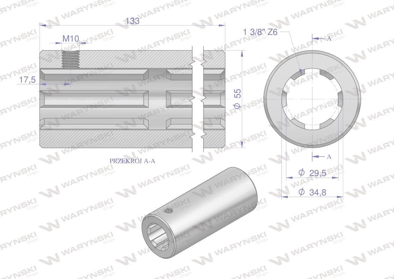 Tuleja, WOM łącząca frezowana 133mm Z6 - 1 3/8, Waryński W-3612133 - zdjęcie 2