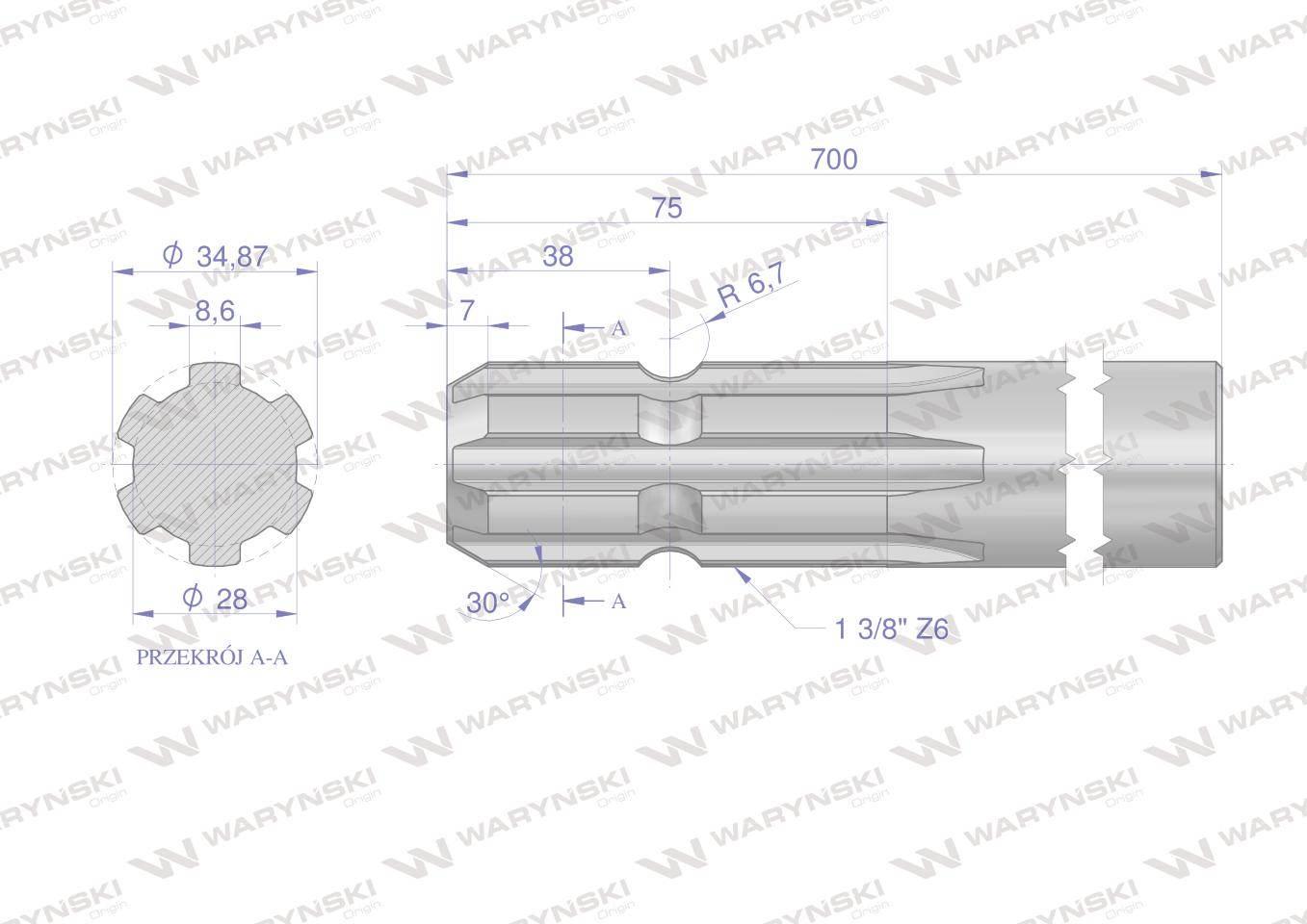 Wałek, WOM frezowany jednostronnie 700mm Z6 - 1 3/8, Waryński W-3210700 - zdjęcie 2