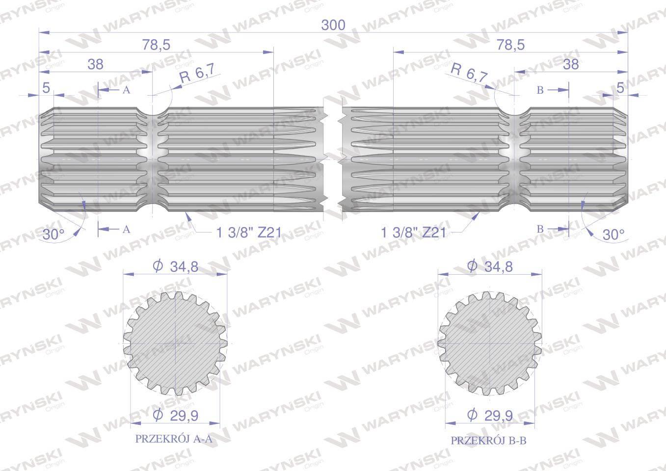 Wałek, WOM frezowany dwustronnie 300mm Z21 - 1 3/8, Waryński W-3320300 - zdjęcie 2
