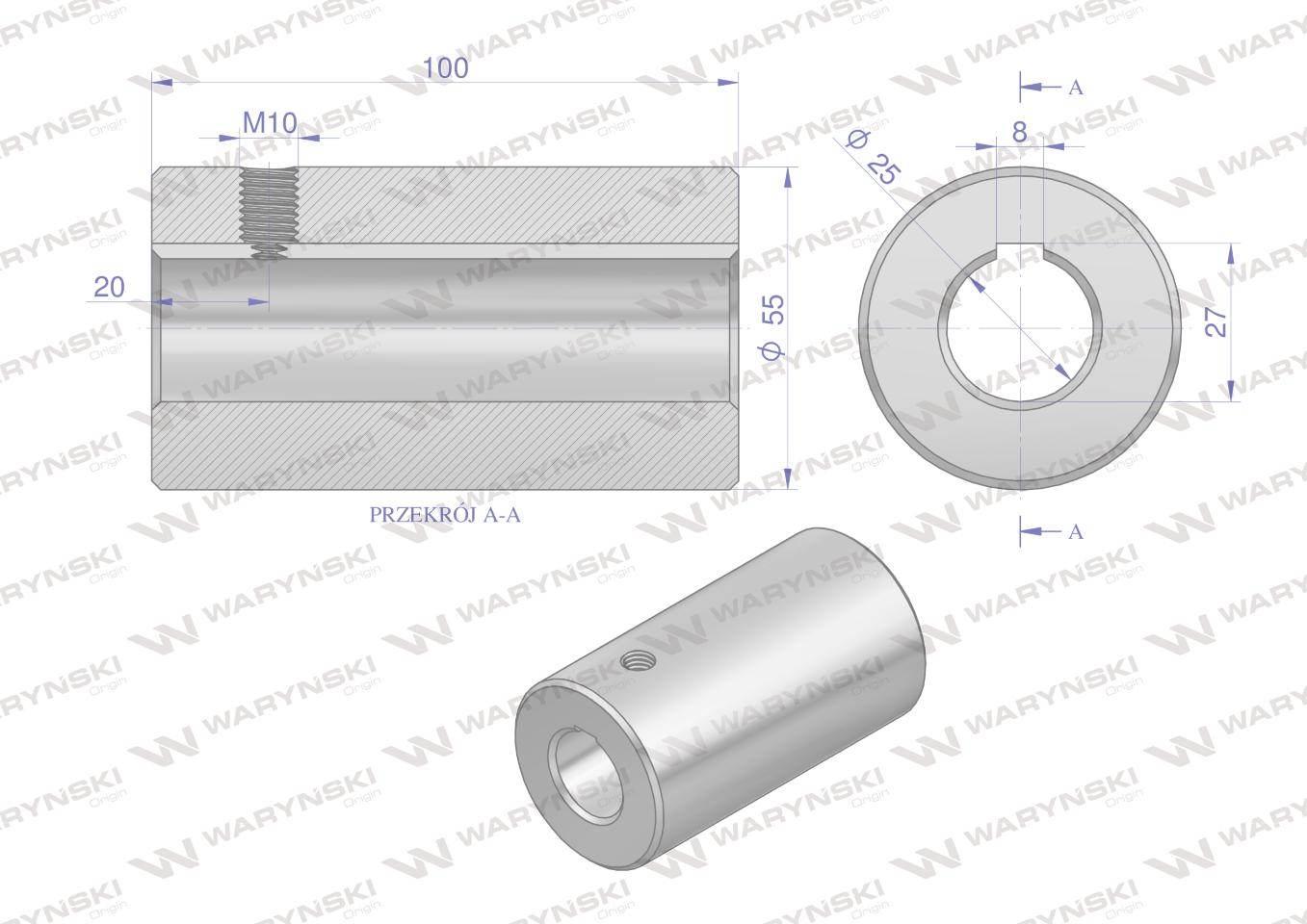 Tuleja, łącząca otwór fi 25mm z rowkiem na wpust 8mm 100mm, Waryński - zdjęcie 2