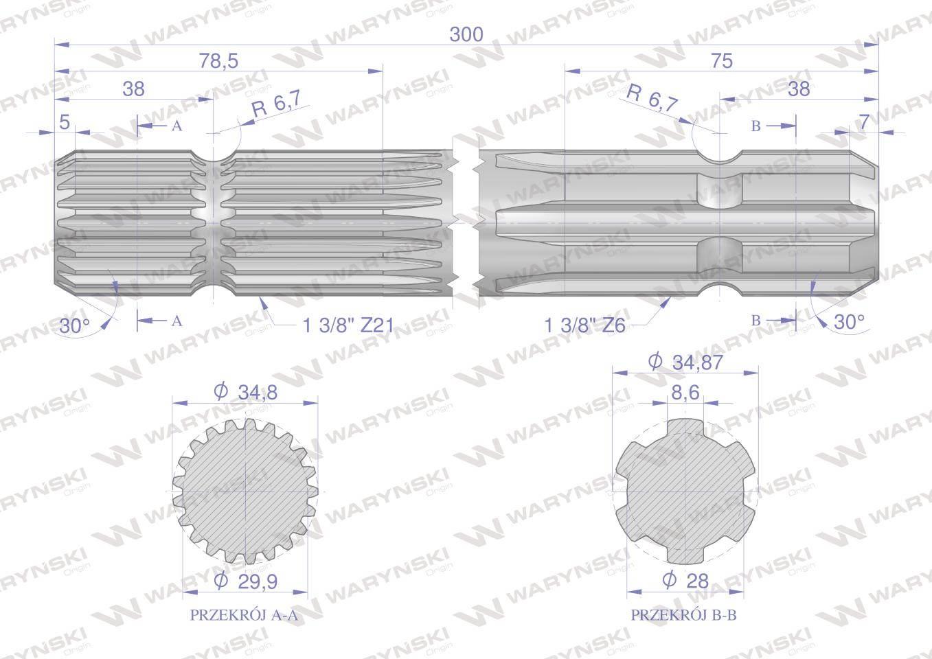 Wałek, WOM frezowany dwustronnie 300mm Z21 - 1 3/8 na Z6 - 1 3/8, Waryński - zdjęcie 2