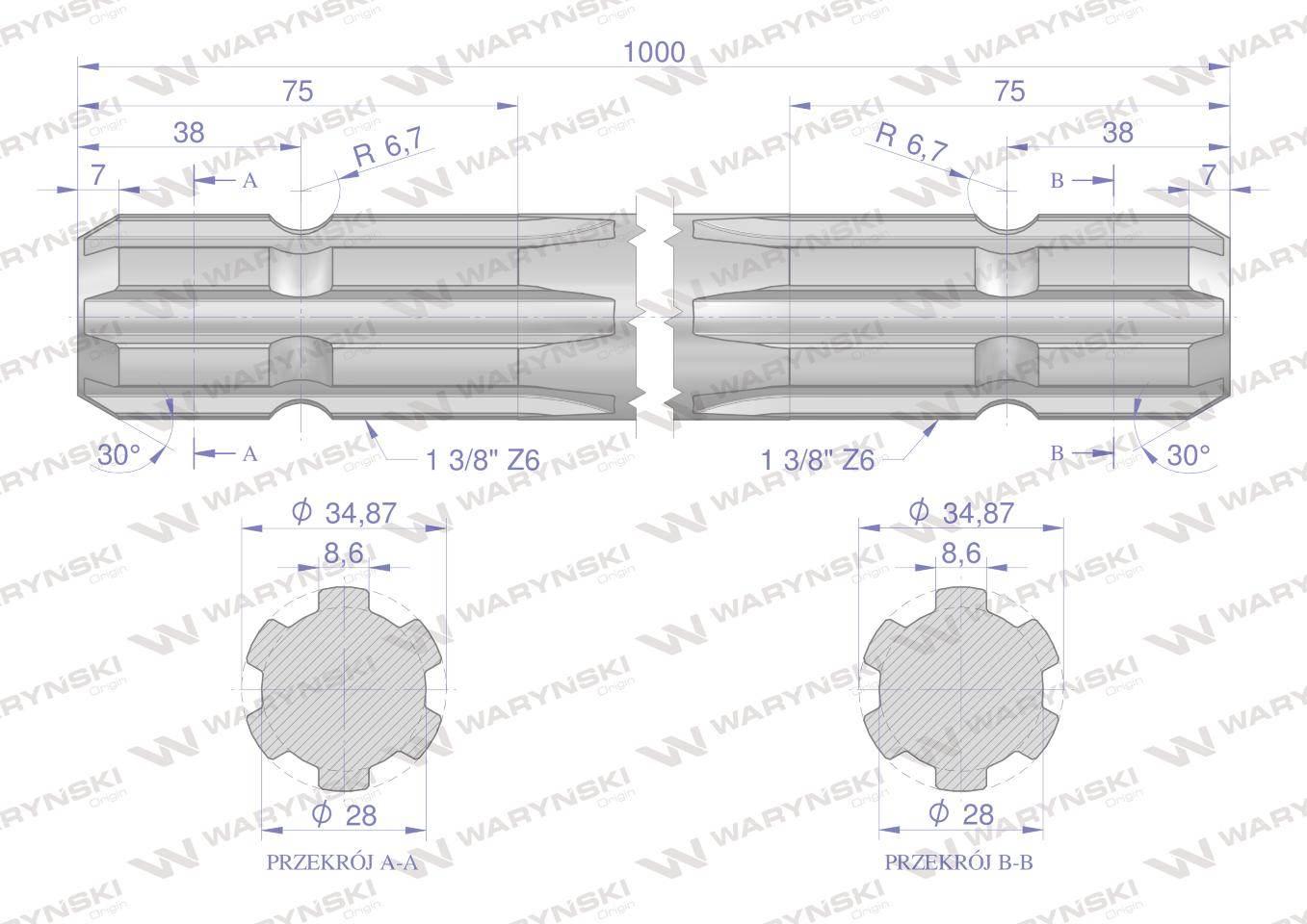 Wałek, WOM frezowany dwustronnie 1000mm Z6 - 1 3/8, Waryński W-3311000 - zdjęcie 2