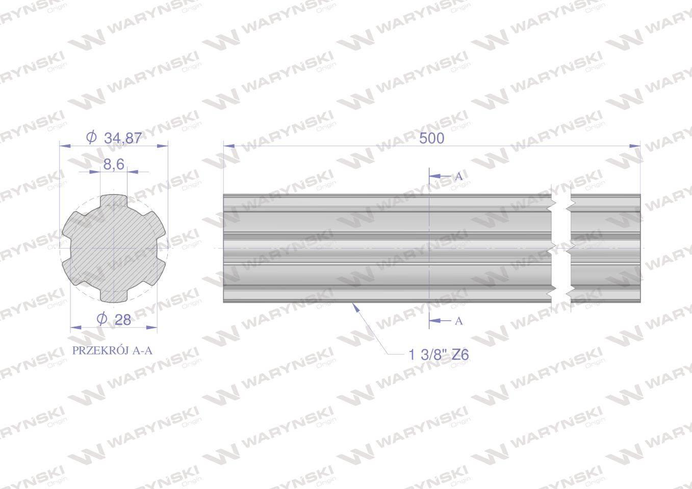 Wałek, WOM frezowany całościowo 500mm Z6 - 1 3/8, Waryński W-3410500 - zdjęcie 2