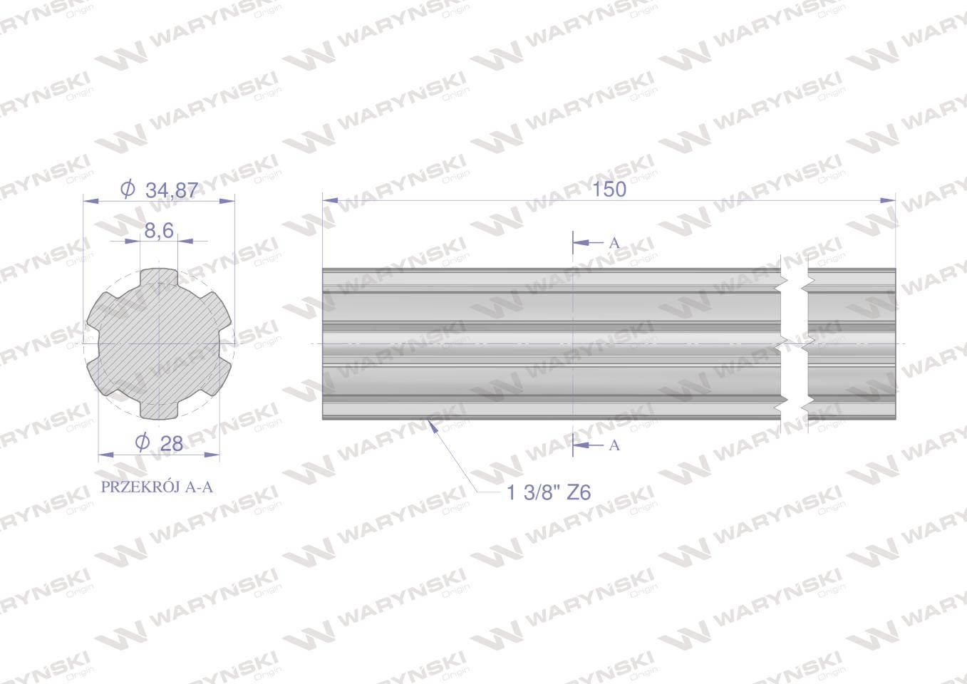 Wałek, WOM frezowany całościowo 150mm Z6 - 1 3/8, Waryński W-3410150 - zdjęcie 2