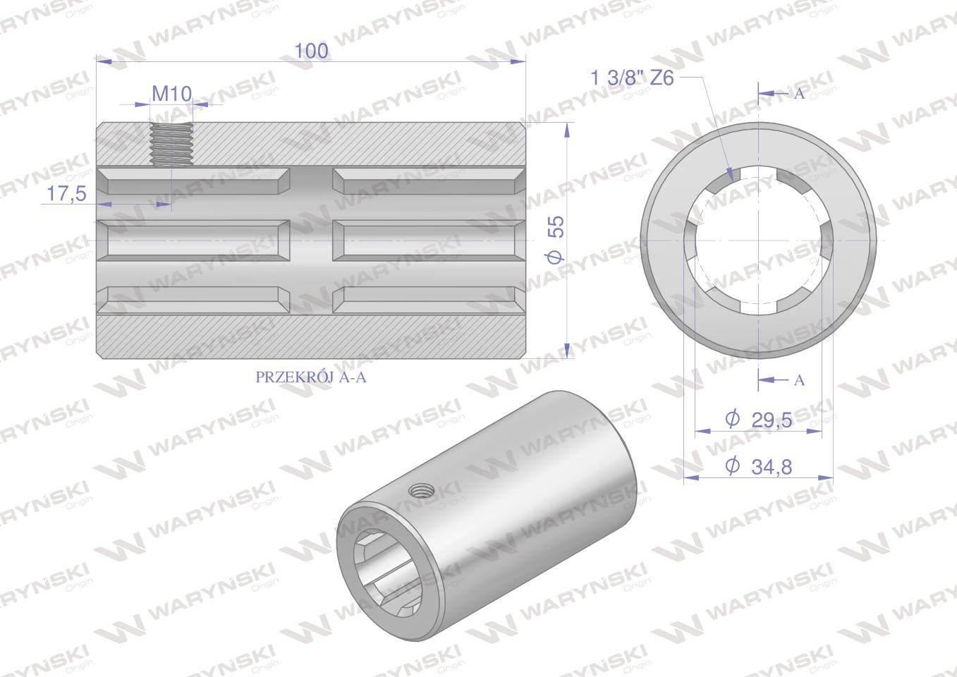 Tuleja, WOM łącząca frezowana 100mm Z6 - 1 3/8, Waryński W-3612100 - zdjęcie 2