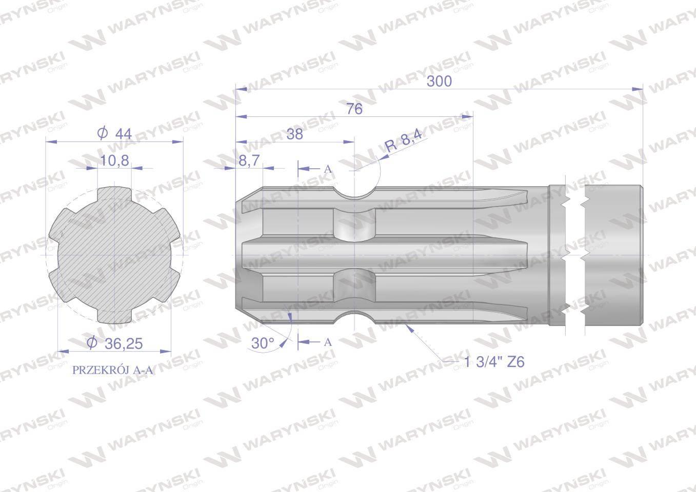 Wałek, WOM frezowany jednostronnie 300mm Z6 - 1 3/4, Waryński W-3250300 - zdjęcie 2